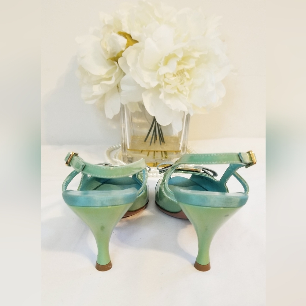 Salvatore Ferragamo Vintage Mint Green Peep Toe Bow Slingback Heels - Picture 11 of 15